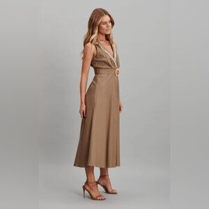 New Women Enchanter Collar Sleeveless Midi Dress In Mocha Linen Cotton